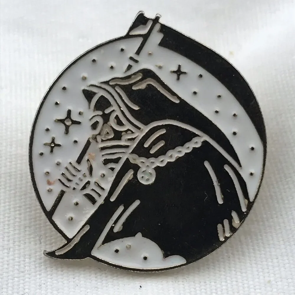 Grim Reaper Crystal Ball Stars Black White Silver Wiccan Enamel Pin Brooch